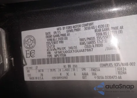 2016 Ford Escape Se from USA, damaged, VIN 1FMCU0GX1GUA87667